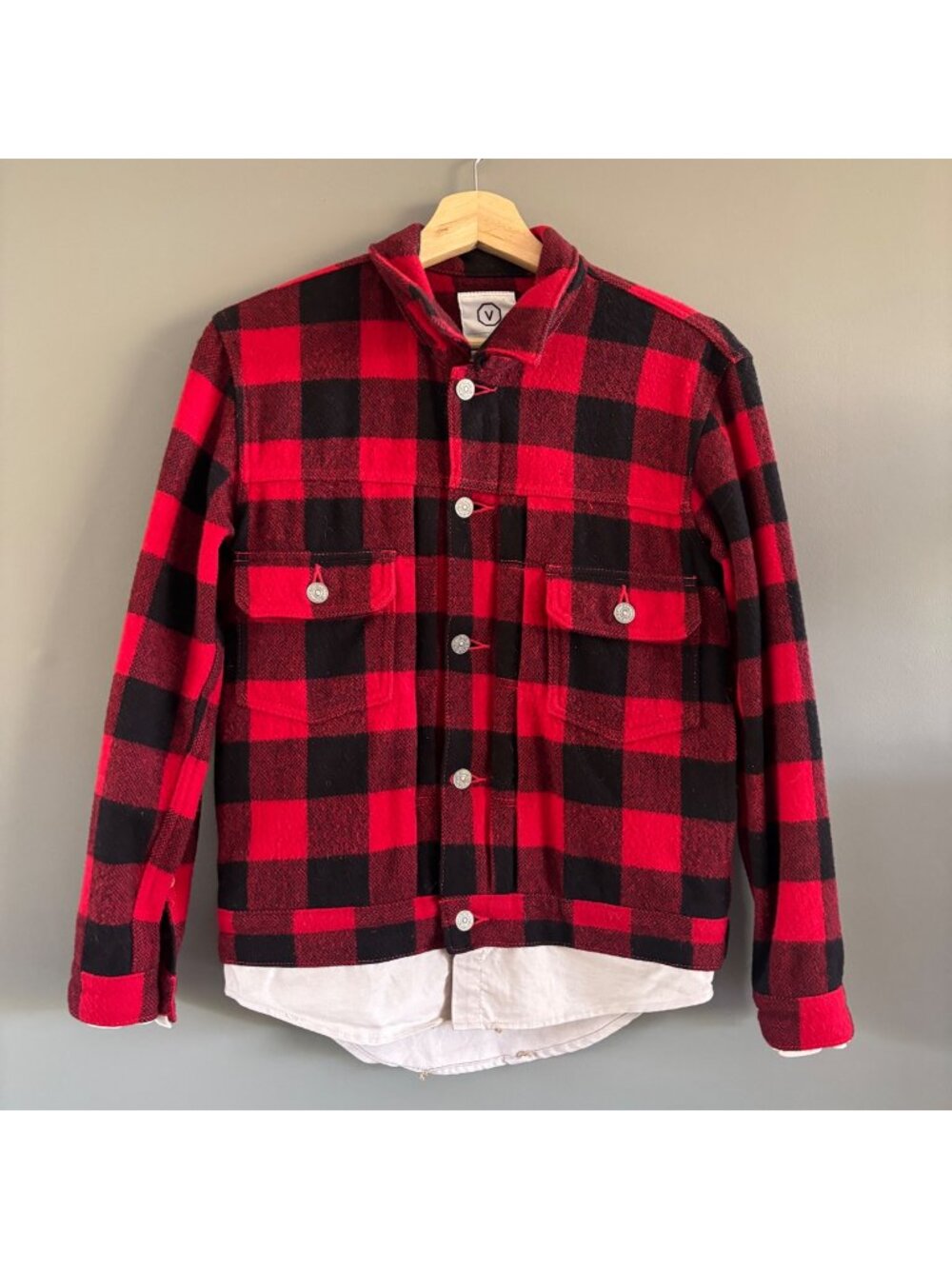 Visvim Japan Men's S Buffalo Plaid Layered Wool Flannel Jacket Red Black Archive